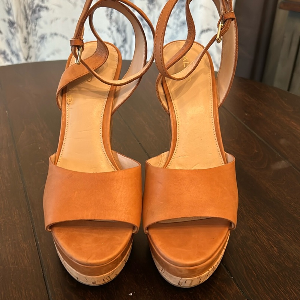 Tan ALDO ankle strap wedge size 9